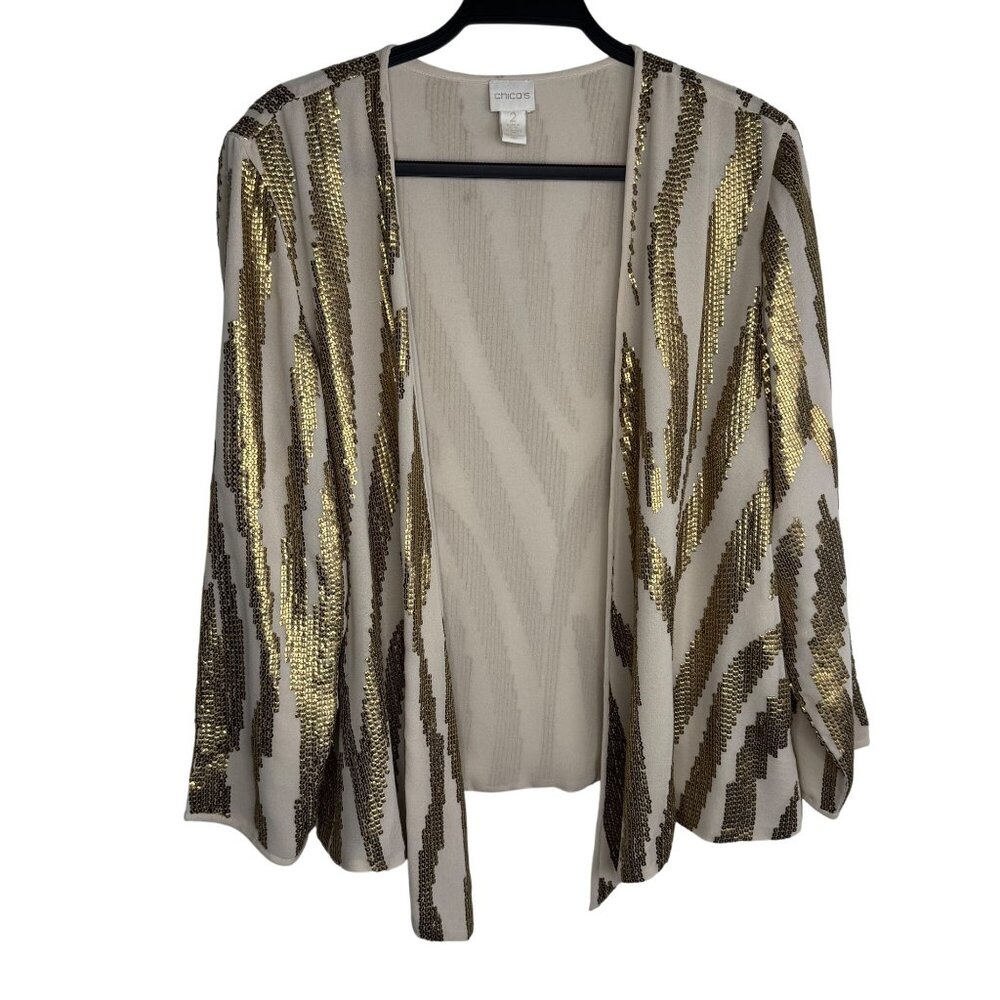 Chicos Size 2 Open Front Sheer Beige & Gold Sequin Kimono‎ Jacket